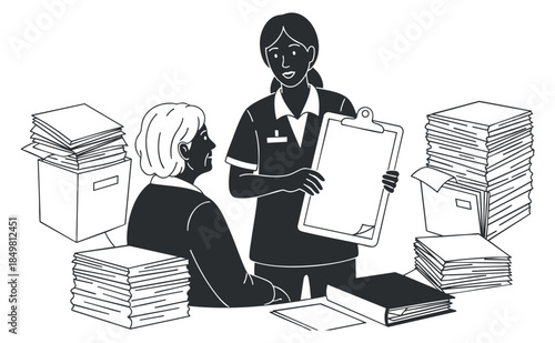 A business professional assisting a client with paperwork in a black and white vector illustration, ideal for office and administrative themes
