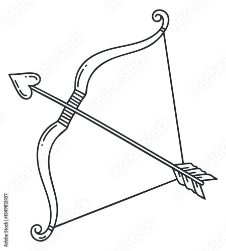 A detailed illustration of a bow and arrow in black and white outline vector style, suitable for sports and hunting themes