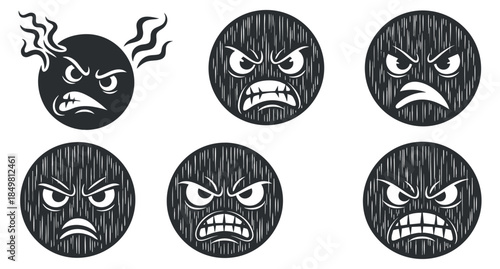 A set of angry face emoticons in black and white vector style, ideal for social media and graphic design projects