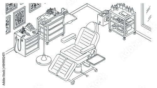 A tattoo studio interior featuring a tattoo chair, equipment, and supplies in clean black and white minimalist vector style, ideal for art and design projects