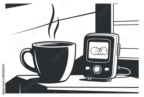 A steaming cup of coffee next to a baby monitor in black and white minimalist vector style, perfect for parenting themes