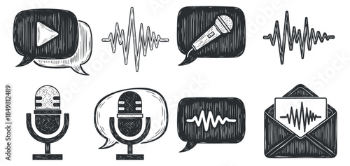 A collection of audio and communication icons including microphones, speech bubbles, and sound waves in a sketched vintage vector style, suitable for technology and media projects