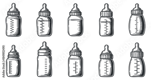 A collection of baby bottles in detailed outline vector style, ideal for parenting and childcare designs