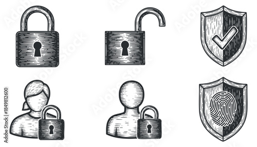 A collection of security icons including padlocks, unlocked locks, shields with checkmarks, and a fingerprint in vintage engraving style, suitable for cybersecurity and privacy themes