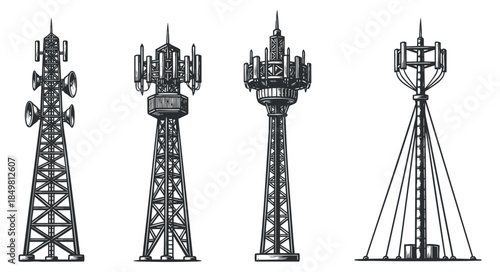 A collection of four telecommunication towers in black outline vector style, suitable for technology and communication projects