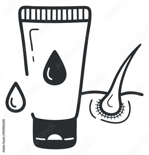 A tube of cream with a drop of liquid and an applicator in black and white outline vector style, ideal for beauty and skincare branding