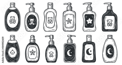 A collection of various decorative bottles featuring teddy bears, stars, and moons in hand-drawn black and white style, suitable for cosmetic branding