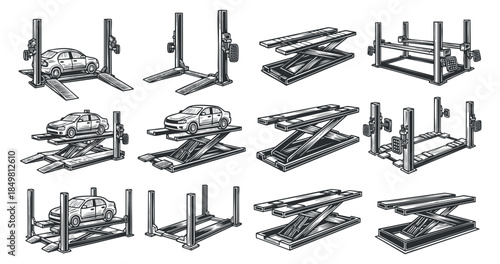 A set of various car lift designs in detailed black and white outline vector style, perfect for automotive service applications and mechanical engineering contexts