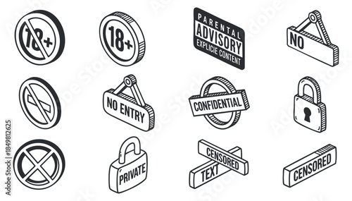 A set of security and censorship icons including age restriction and privacy symbols in black and white outline vector style, suitable for digital content guidelines