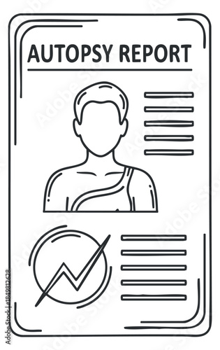 An autopsy report template featuring a human silhouette and medical data in outline vector style, suitable for forensic studies