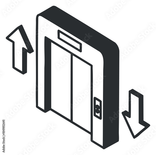 A modern elevator icon with up and down arrows in minimalist black and white vector style, suitable for architectural and design projects