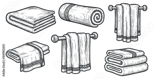 A collection of various towels in a detailed black and white sketch style, suitable for home decor and textile projects