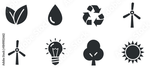 A collection of eco-friendly icons including leaves, water drops, light bulbs, wind turbines, and recycling symbols in modern black and white vector style, ideal for sustainability projects
