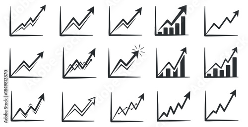 A collection of various upward trending graph icons in black and white outline vector style, ideal for finance and business presentations