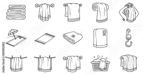 A collection of various towels, including beach towels, bath towels, and laundry items in minimalist black and white outline vector style, ideal for home decor and cleaning illustrations.