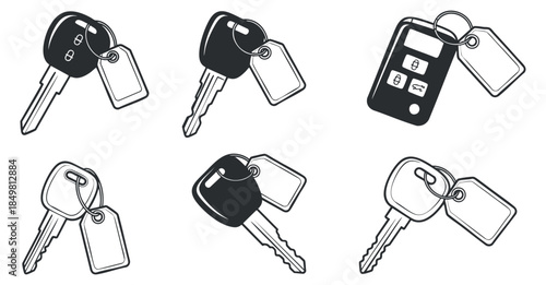 A set of various key designs including car keys and keychains in black and white outline vector style, ideal for security and renovation projects