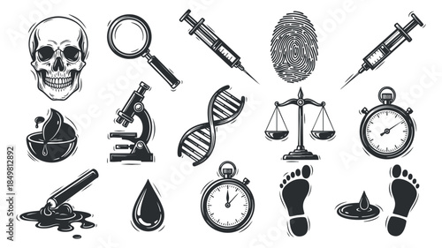 A collection of science and forensic icons including a skull, magnifying glass, syringe, fingerprint, and scales in black and white vector style, suitable for educational materials and medical designs
