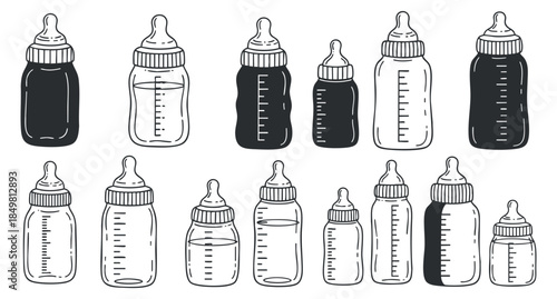 A set of various baby bottles in black and white outline vector style, perfect for parenting and baby care projects