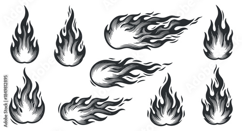 A collection of stylized flame graphics in black and white outline vector style, perfect for fire-related designs and branding