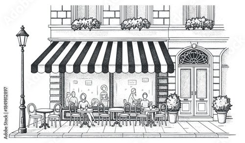 A charming outdoor cafe scene with tables and chairs, featuring a striped canopy and urban architecture in black and white line art style, perfect for restaurant branding and design projects