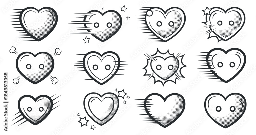 Fototapeta premium A collection of playful heart icons with various expressions and effects in black and white outline style, suitable for romantic designs and graphic projects