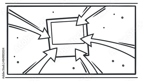 A dynamic illustration of arrows pointing towards a central frame in outline vector style, suitable for creative and marketing projects