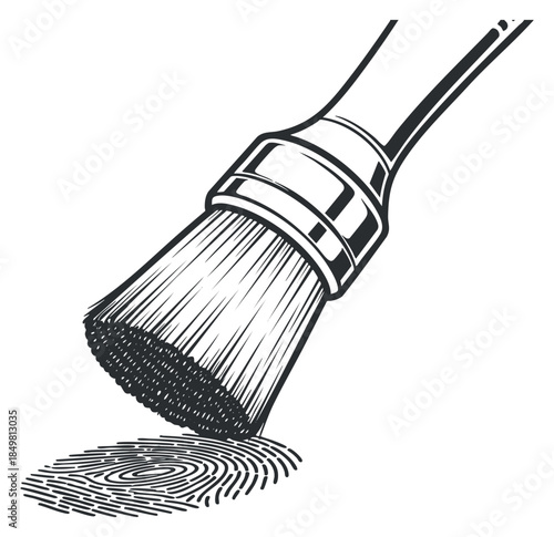 A detailed illustration of a paintbrush applying color to a fingerprint in black and white vector style, perfect for art and forensic design projects