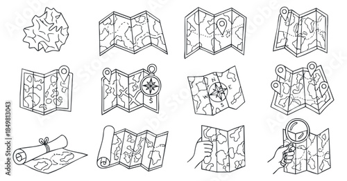 A collection of hand-drawn map icons and navigation symbols in minimalist outline vector style, ideal for travel and adventure-themed projects