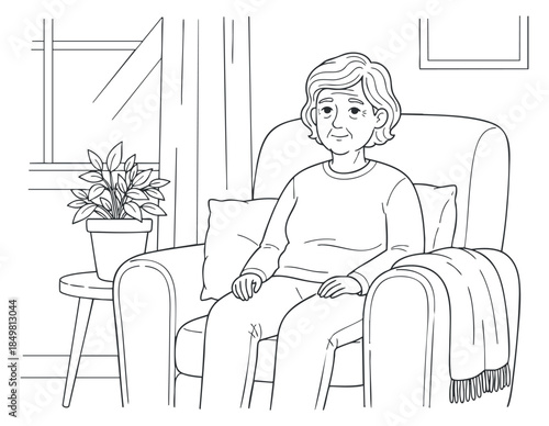 An elderly woman sitting comfortably in an armchair with a plant in a cozy living room in minimalist line art style, suitable for wellness and lifestyle themes