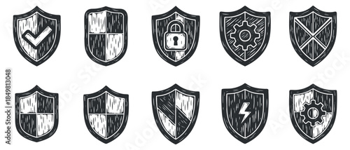 A collection of ten hand-drawn shield icons in black and white outline style, ideal for security and protection themes