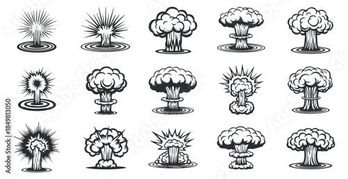 A collection of explosion and nuclear blast icons in black and white vector style, suitable for graphic design and illustrative projects