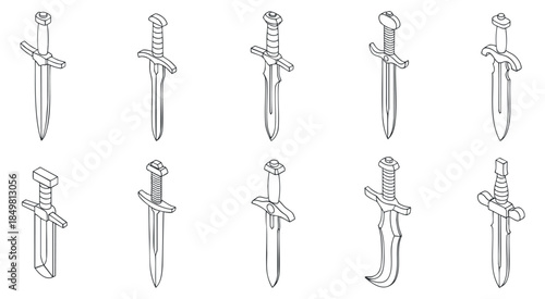 A collection of various sword and dagger designs in outline vector style, suitable for fantasy themes and historical illustrations