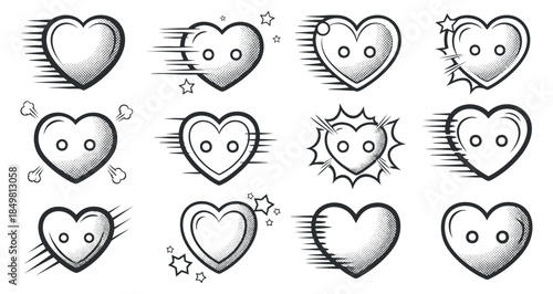 A collection of playful heart icons with various expressions and effects in black and white outline style, suitable for romantic designs and graphic projects
