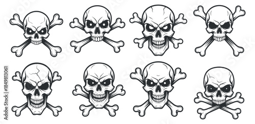 A set of nine skull and crossbones icons in black and white outline vector style, suitable for gothic and pirate-themed designs