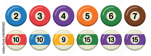 Billiard pool balls with numbers realistic glossy snooker balls isolated on transparent background