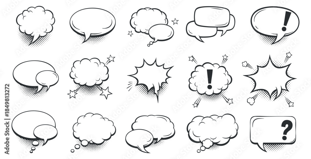 Fototapeta premium A collection of various speech and thought bubbles in black and white vector style, ideal for comics and conversation illustrations