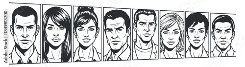 A set of diverse character portraits in black and white outline vector style, suitable for branding and creative projects