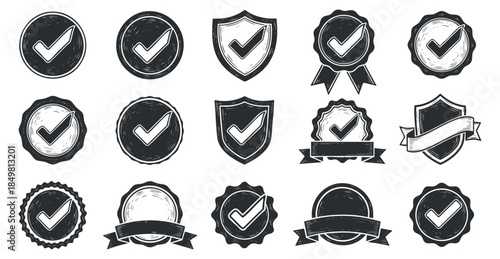 A collection of check marks in various badge and shield shapes in black and white vector style, ideal for certification and approval designs