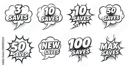 A collection of save milestone icons featuring numbers in speech bubbles, in black and white flat vector style, ideal for game design and achievement tracking