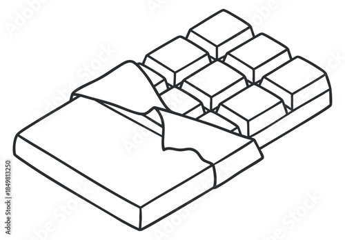 A chocolate bar with an unwrapped section in minimalist outline vector style, perfect for food-related designs and illustrations