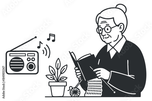 An elderly person reading a book while listening to a radio, in a minimalist black and white vector style, perfect for illustrating leisure activities and senior lifestyles