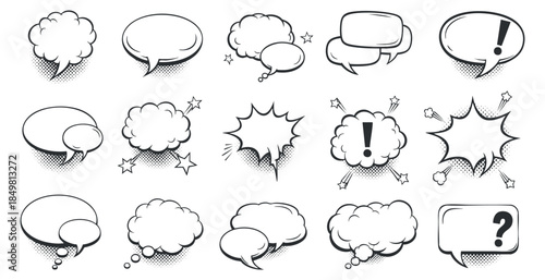 A collection of various speech and thought bubbles in black and white vector style, ideal for comics and conversation illustrations