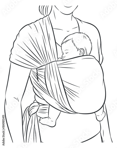 A mother holding a sleeping baby in a wrap carrier in minimalist black and white outline vector style, perfect for parenting resources