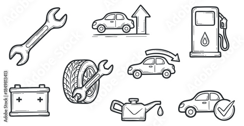 A collection of automotive icons including a wrench, battery, tire, fuel pump, and service checklist in outline vector style, ideal for car maintenance and repair projects