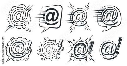 A collection of dynamic at symbols in various expressive black and white vector styles, suitable for digital communication and design projects