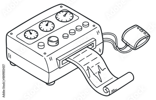 A medical vital signs monitor with an ECG printout in outline vector style, suitable for healthcare and medical illustrations