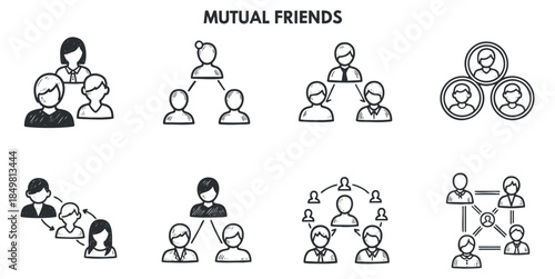 A collection of mutual friends icons in outline vector style, suitable for social networking and relationship themes