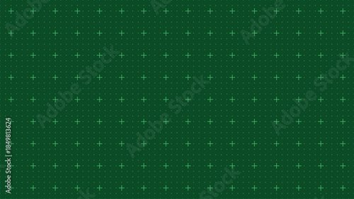 Green digital grid with light plus signs, seamless technology-inspired pattern, abstract background useful for virtual environments, game design, UI, sci-fi interfaces, matrix, or coding visuals