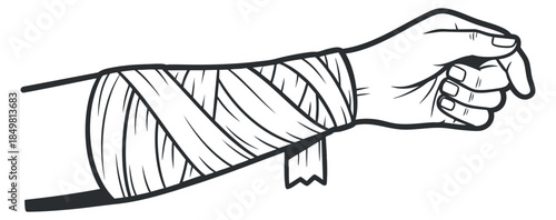 A hand wrapped in a bandage in black and white outline vector style, suitable for medical illustrations and health-related projects