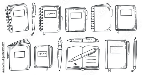 A collection of various notebooks and pens in black and white hand-drawn vector style, suitable for educational and creative projects